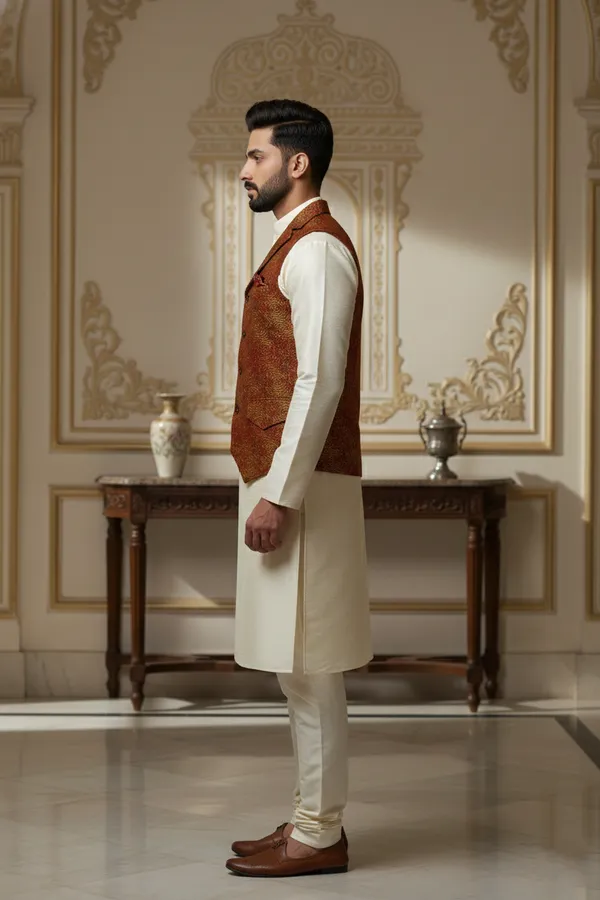 Rust_And_Gold_Premium_Pattern_Silk_Blend_Nehru_Jacket_Kurta_Pajama_Set_For_Men