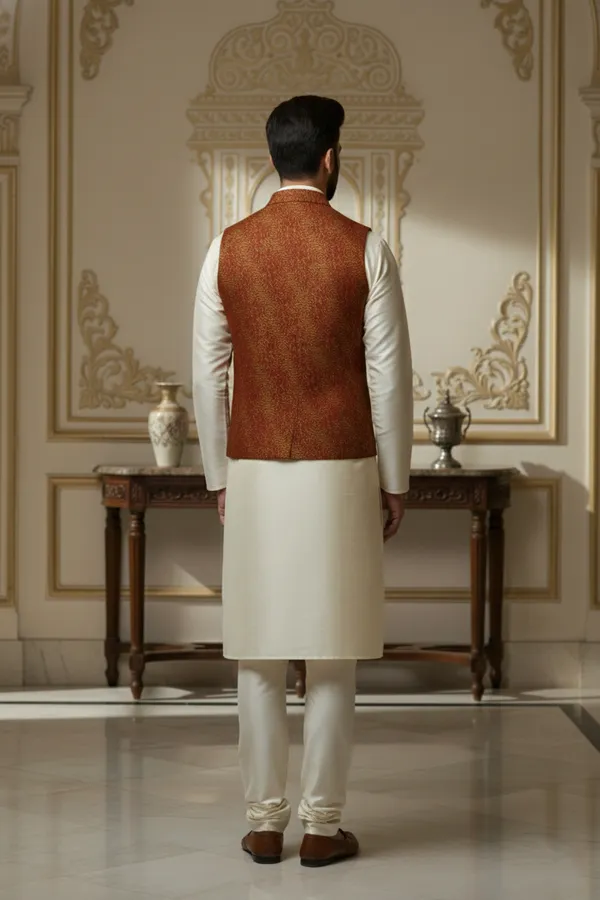 Rust_And_Gold_Premium_Pattern_Silk_Blend_Nehru_Jacket_Kurta_Pajama_Set_For_Men