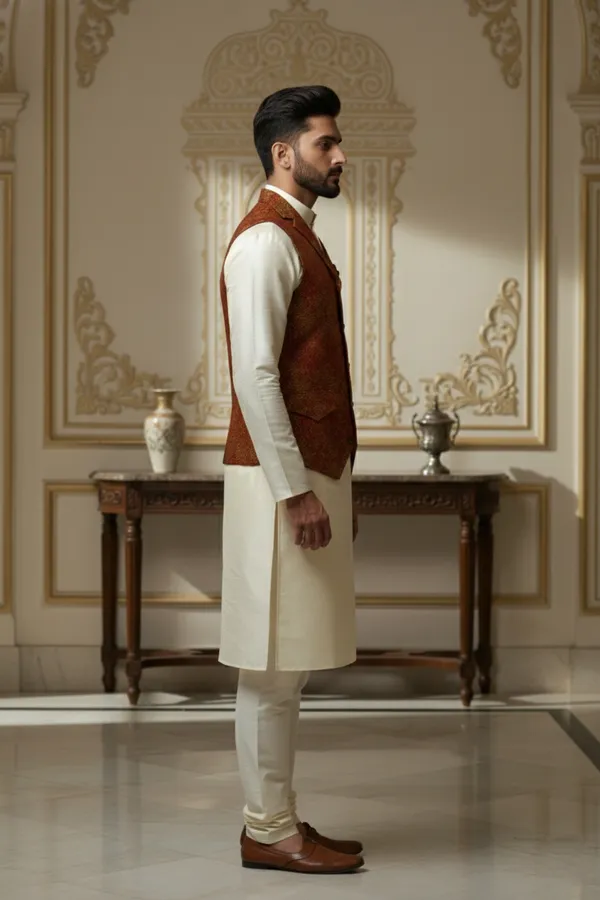 Rust_And_Gold_Premium_Pattern_Silk_Blend_Nehru_Jacket_Kurta_Pajama_Set_For_Men