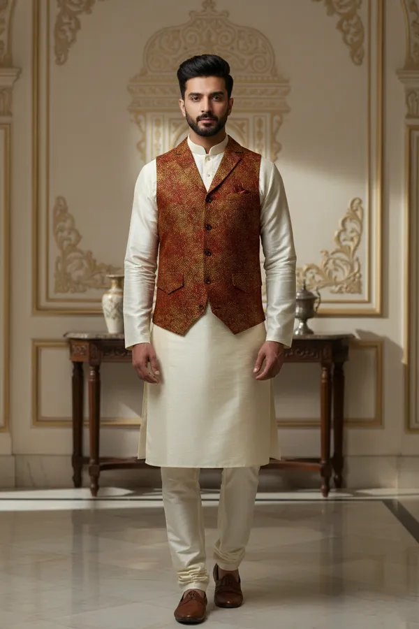 Rust_And_Gold_Premium_Pattern_Silk_Blend_Nehru_Jacket_Kurta_Pajama_Set_For_Men