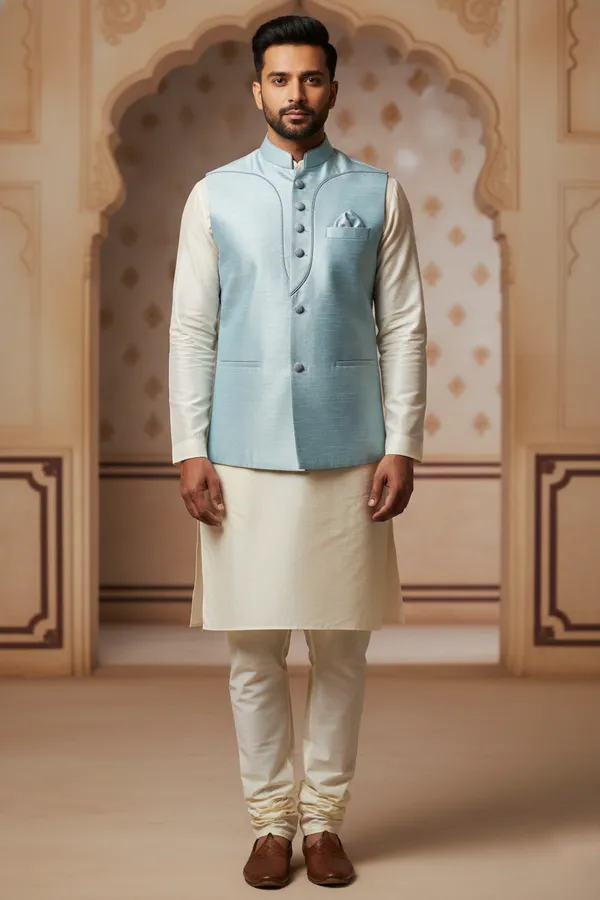 Lightblue_Premium_Pattern_Poly_Silk_Nehru_Jacket_Kurta_Pajama_Set_For_Men