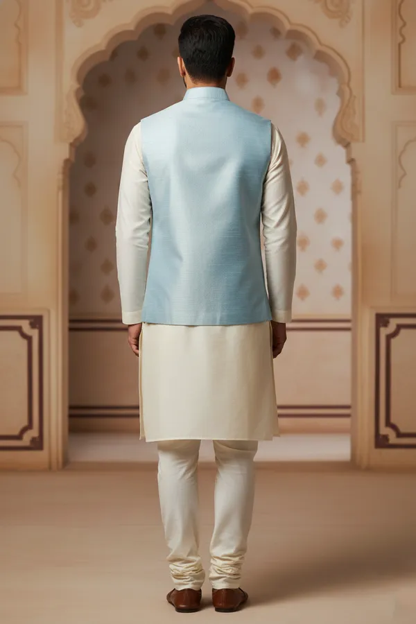 Lightblue_Premium_Pattern_Poly_Silk_Nehru_Jacket_Kurta_Pajama_Set_For_Men