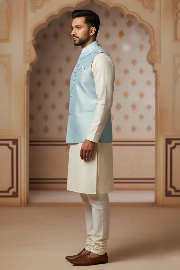 Lightblue_Premium_Pattern_Poly_Silk_Nehru_Jacket_Kurta_Pajama_Set_For_Men