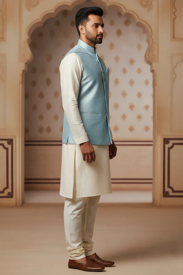 Lightblue_Premium_Pattern_Poly_Silk_Nehru_Jacket_Kurta_Pajama_Set_For_Men