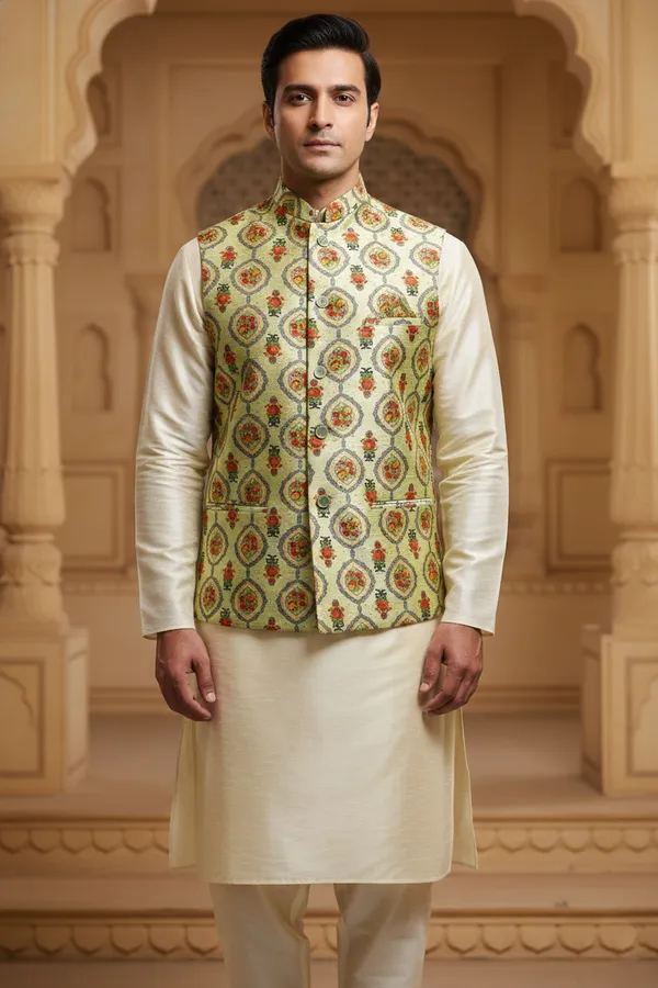 Multicolor_Premium_Pattern_Poly_Silk_Nehru_Jacket_Kurta_Pajama_Set_For_Men