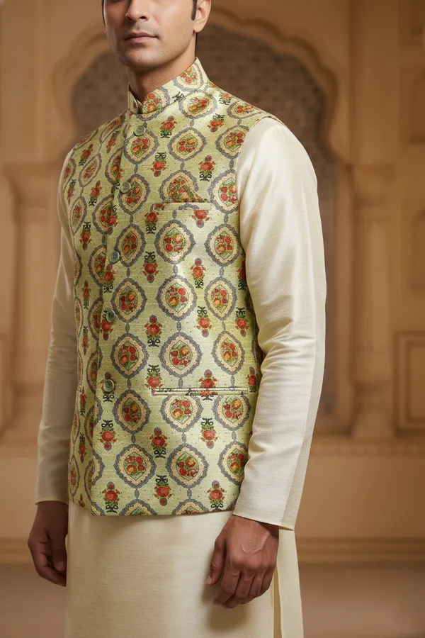 Multicolor_Premium_Pattern_Poly_Silk_Nehru_Jacket_Kurta_Pajama_Set_For_Men