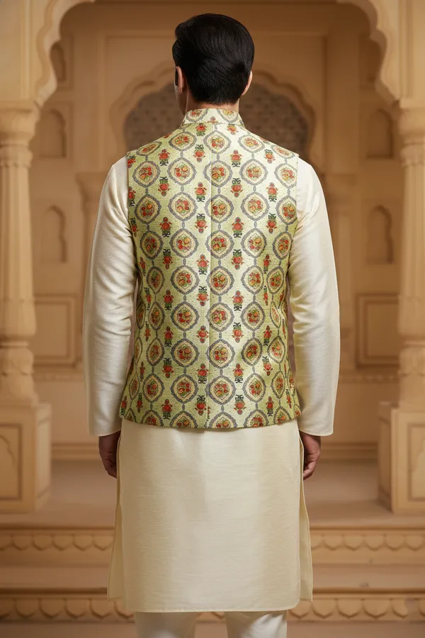 Multicolor_Premium_Pattern_Poly_Silk_Nehru_Jacket_Kurta_Pajama_Set_For_Men