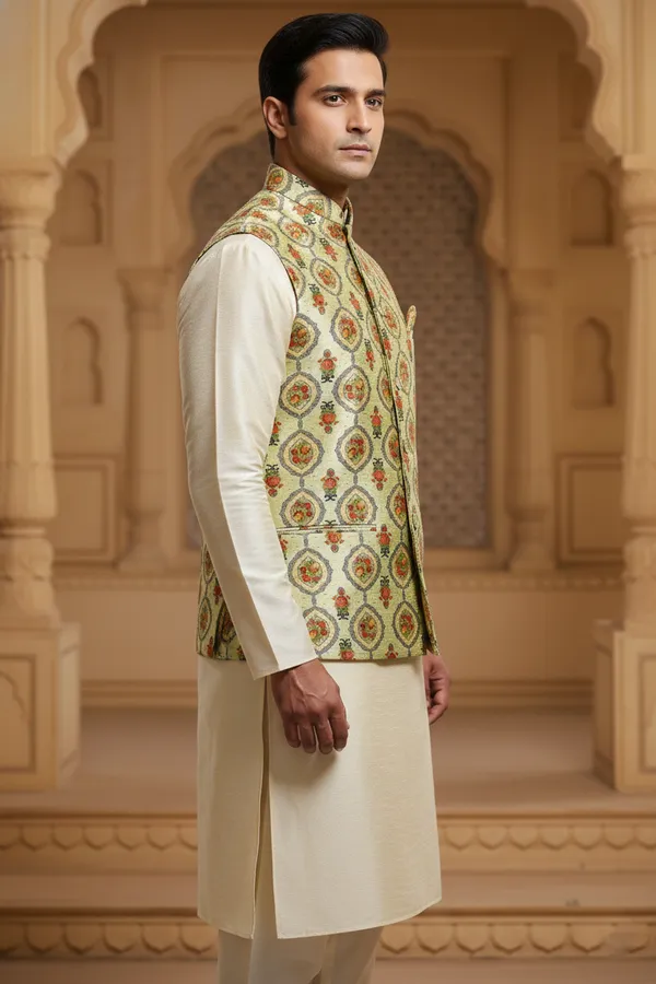 Multicolor_Premium_Pattern_Poly_Silk_Nehru_Jacket_Kurta_Pajama_Set_For_Men