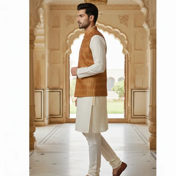 Rust_And_Gold_Premium_Pattern_Brocade_Silk_Nehru_Jacket_Kurta_Pajama_Set_For_Men