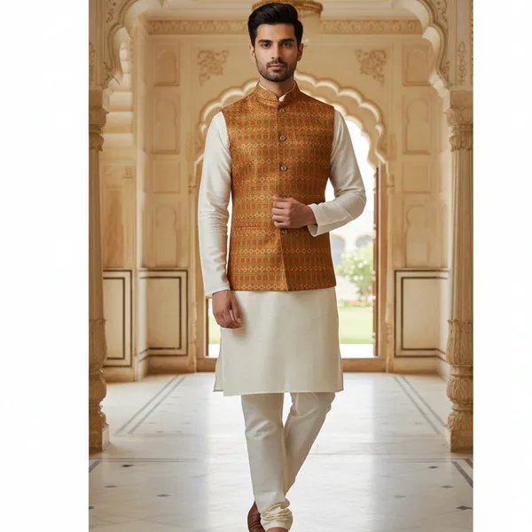 Rust_And_Gold_Premium_Pattern_Brocade_Silk_Nehru_Jacket_Kurta_Pajama_Set_For_Men