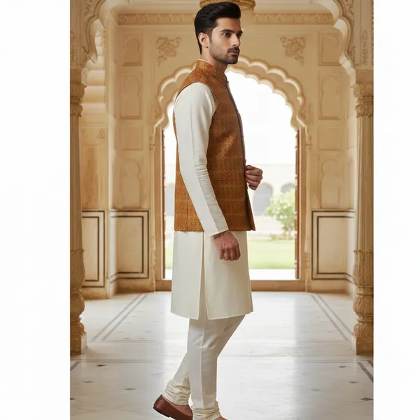 Rust_And_Gold_Premium_Pattern_Brocade_Silk_Nehru_Jacket_Kurta_Pajama_Set_For_Men