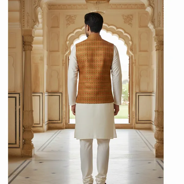 Rust_And_Gold_Premium_Pattern_Brocade_Silk_Nehru_Jacket_Kurta_Pajama_Set_For_Men