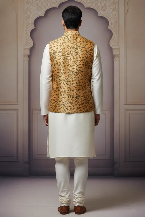 Gold_Premium_Pattern_Jacquard_Silk_Nehru_Jacket_Kurta_Pajama_Set_For_Men