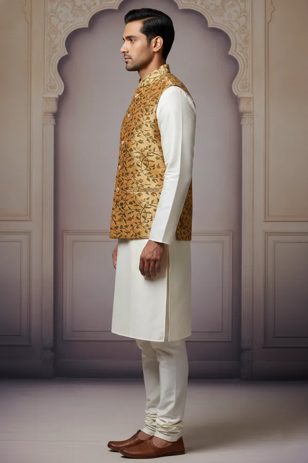 Gold_Premium_Pattern_Jacquard_Silk_Nehru_Jacket_Kurta_Pajama_Set_For_Men