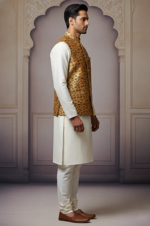 Gold_Premium_Pattern_Jacquard_Silk_Nehru_Jacket_Kurta_Pajama_Set_For_Men