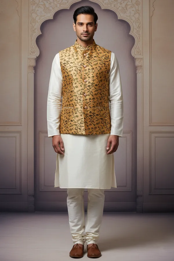 Gold_Premium_Pattern_Jacquard_Silk_Nehru_Jacket_Kurta_Pajama_Set_For_Men
