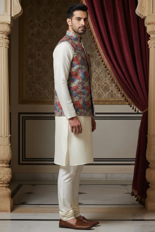 Multicolor_Premium_Pattern_Poly_Silk_Nehru_Jacket_Kurta_Pajama_Set_For_Men
