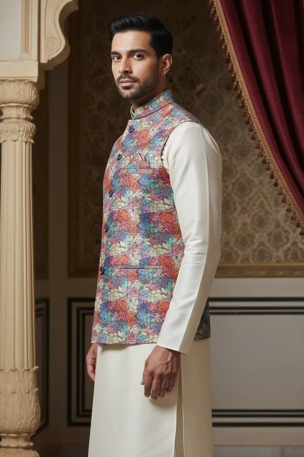 Multicolor_Premium_Pattern_Poly_Silk_Nehru_Jacket_Kurta_Pajama_Set_For_Men
