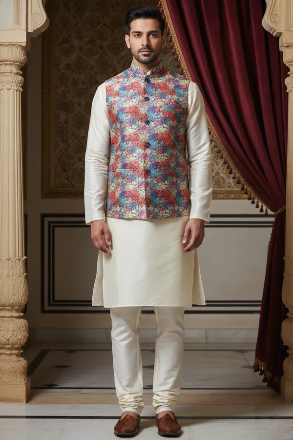 Multicolor_Premium_Pattern_Poly_Silk_Nehru_Jacket_Kurta_Pajama_Set_For_Men