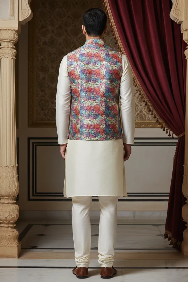 Multicolor_Premium_Pattern_Poly_Silk_Nehru_Jacket_Kurta_Pajama_Set_For_Men