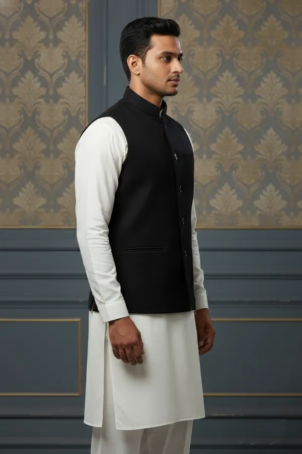 Black_Premium_Pattern_Poly_Silk_Nehru_Jacket_Kurta_Pajama_Set_For_Men