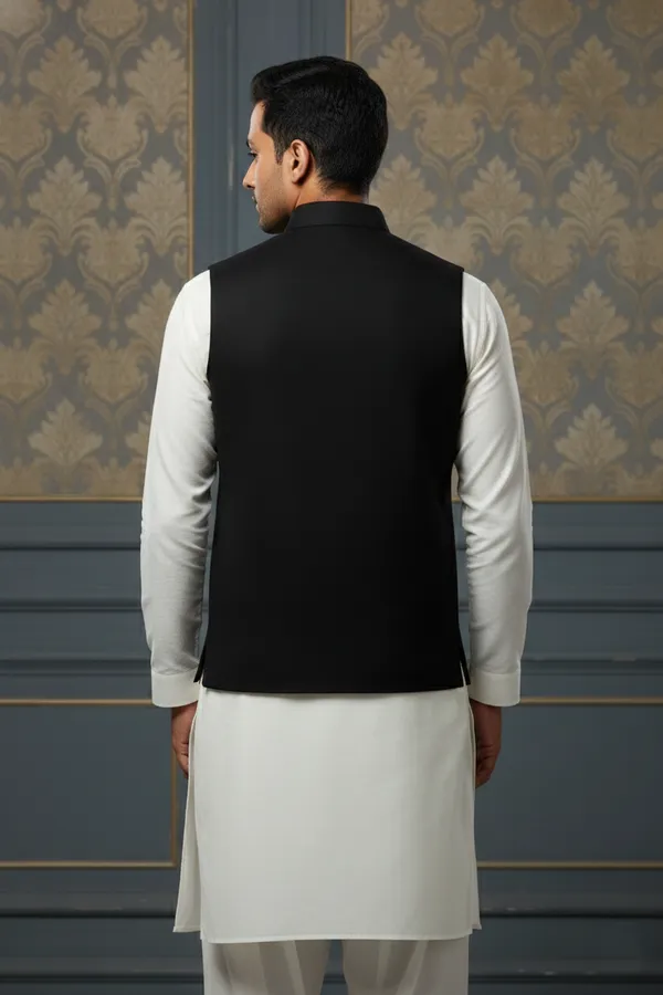 Black_Premium_Pattern_Poly_Silk_Nehru_Jacket_Kurta_Pajama_Set_For_Men