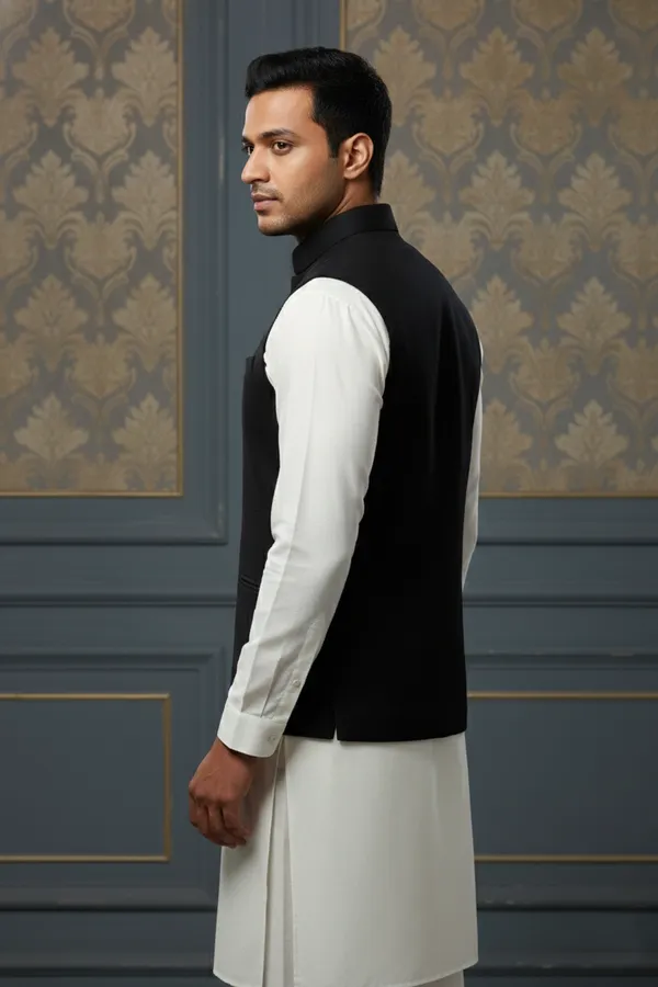 Black_Premium_Pattern_Poly_Silk_Nehru_Jacket_Kurta_Pajama_Set_For_Men