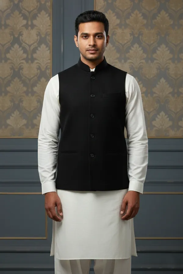 Black_Premium_Pattern_Poly_Silk_Nehru_Jacket_Kurta_Pajama_Set_For_Men