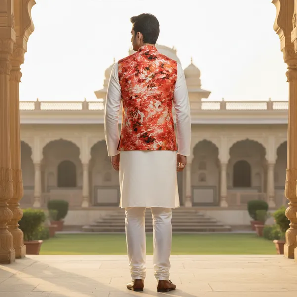 Red_Premium_Pattern_Poly_Silk_Nehru_Jacket_Kurta_Pajama_Set_For_Men