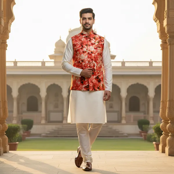 Red_Premium_Pattern_Poly_Silk_Nehru_Jacket_Kurta_Pajama_Set_For_Men