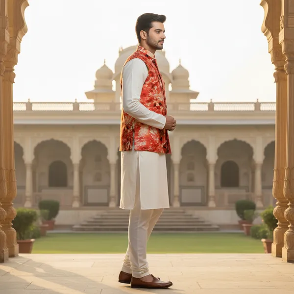 Red_Premium_Pattern_Poly_Silk_Nehru_Jacket_Kurta_Pajama_Set_For_Men