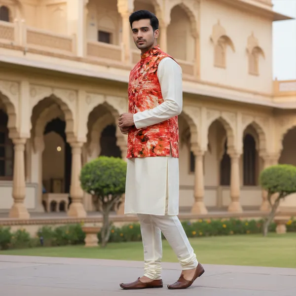 Red_Premium_Pattern_Poly_Silk_Nehru_Jacket_Kurta_Pajama_Set_For_Men