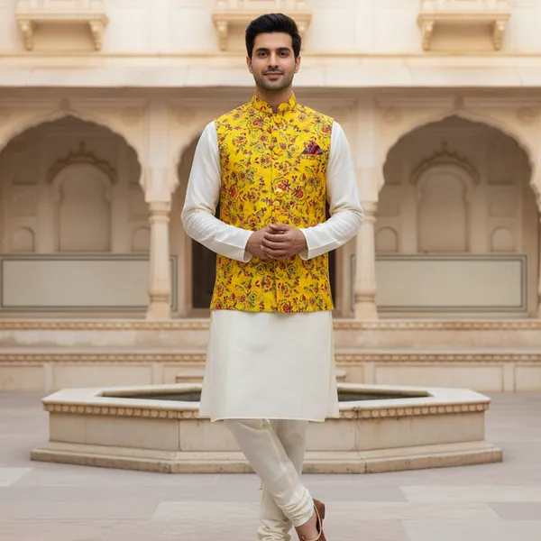 Yellow_Premium_Pattern_Poly_Silk_Nehru_Jacket_Kurta_Pajama_Set_For_Men