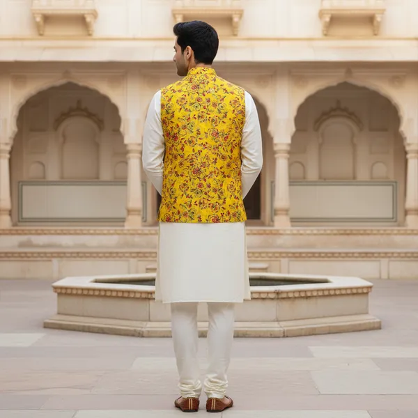 Yellow_Premium_Pattern_Poly_Silk_Nehru_Jacket_Kurta_Pajama_Set_For_Men