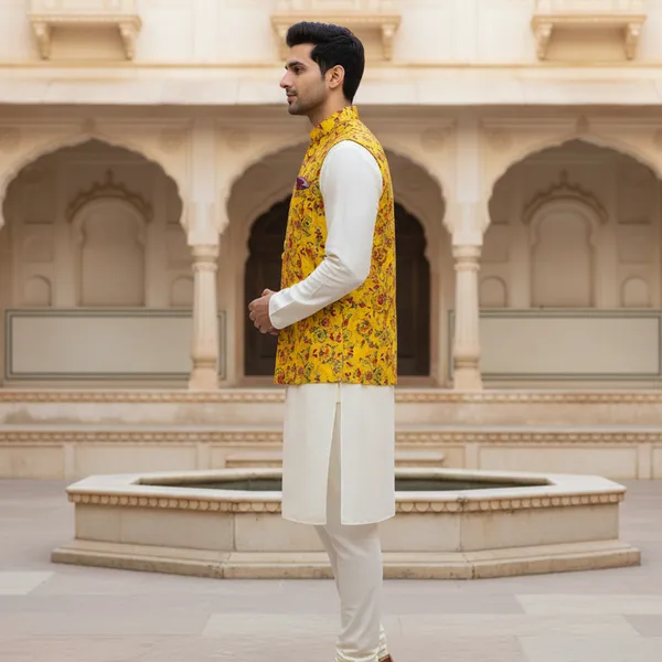 Yellow_Premium_Pattern_Poly_Silk_Nehru_Jacket_Kurta_Pajama_Set_For_Men
