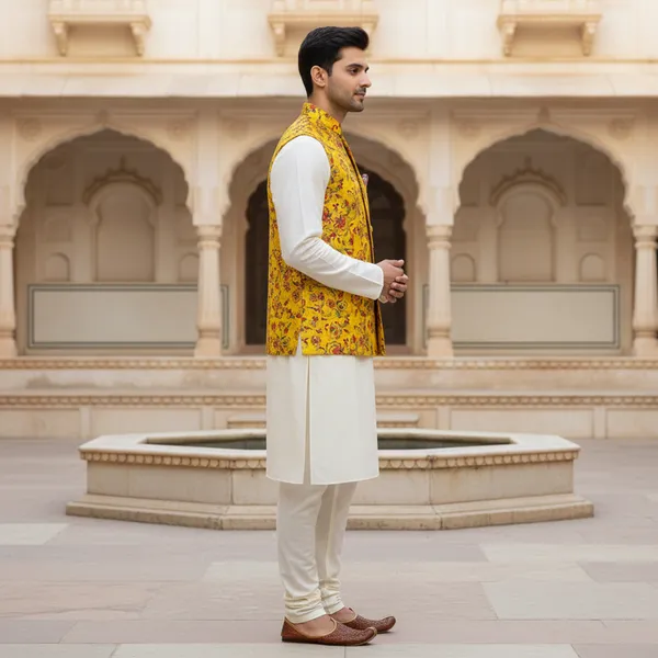 Yellow_Premium_Pattern_Poly_Silk_Nehru_Jacket_Kurta_Pajama_Set_For_Men