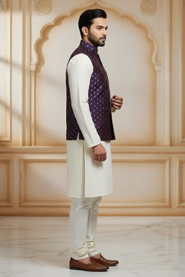 Purple_Premium_Pattern_Poly_Silk_Nehru_Jacket_Kurta_Pajama_Set_For_Men