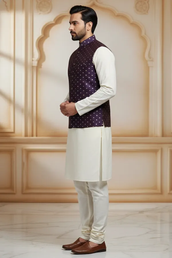 Purple_Premium_Pattern_Poly_Silk_Nehru_Jacket_Kurta_Pajama_Set_For_Men