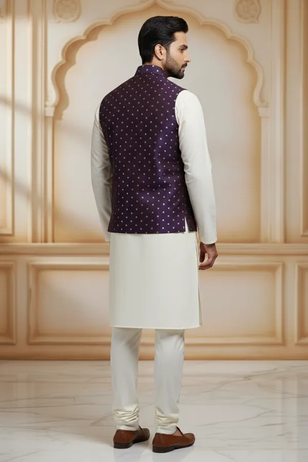 Purple_Premium_Pattern_Poly_Silk_Nehru_Jacket_Kurta_Pajama_Set_For_Men