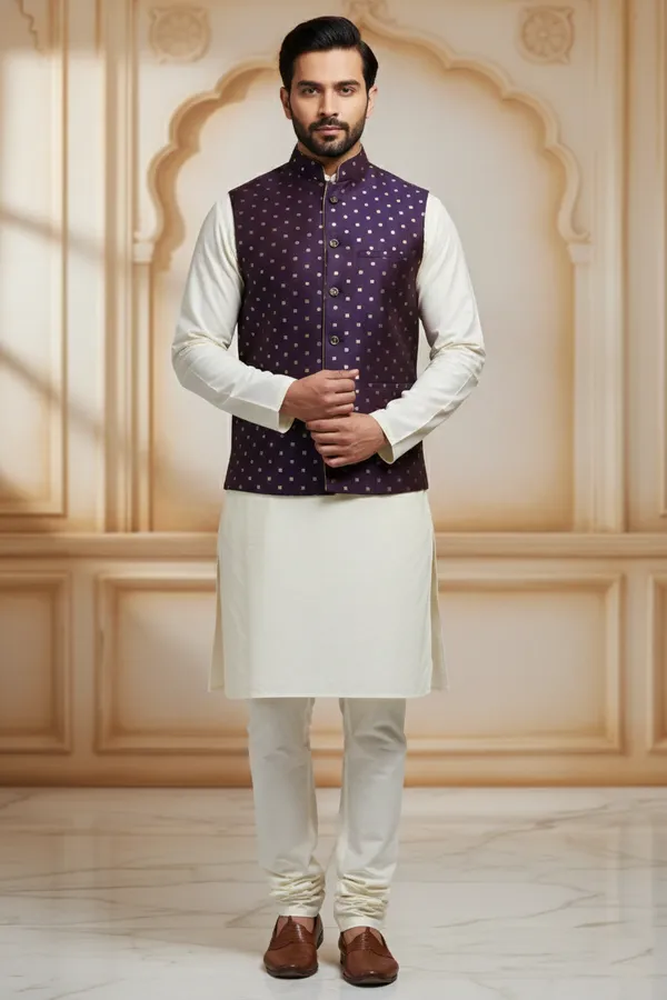 Purple_Premium_Pattern_Poly_Silk_Nehru_Jacket_Kurta_Pajama_Set_For_Men