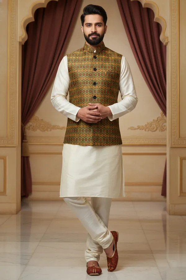 Olive_Premium_Pattern_Jacquard_Silk_Nehru_Jacket_Kurta_Pajama_Set_For_Men