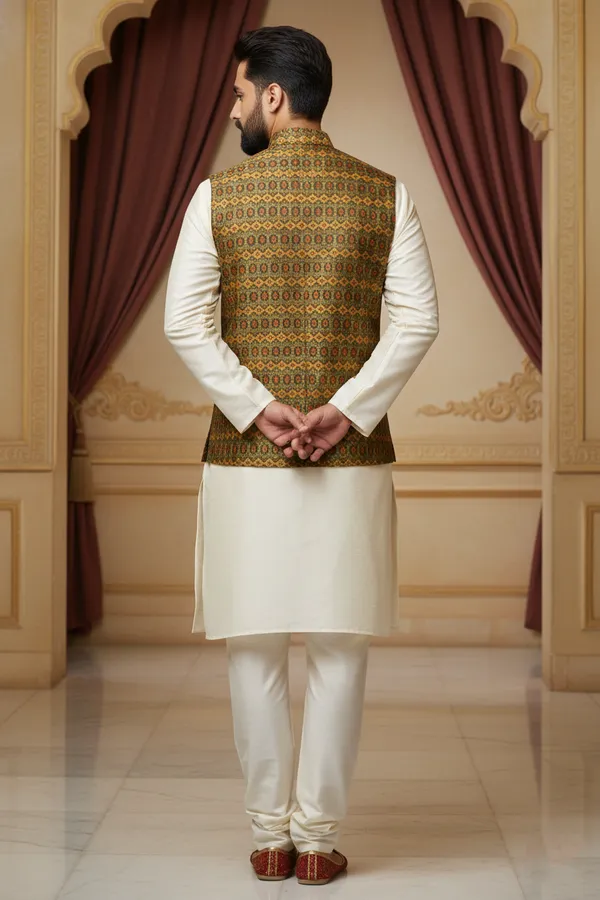 Olive_Premium_Pattern_Jacquard_Silk_Nehru_Jacket_Kurta_Pajama_Set_For_Men