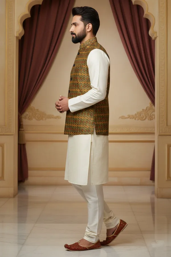 Olive_Premium_Pattern_Jacquard_Silk_Nehru_Jacket_Kurta_Pajama_Set_For_Men
