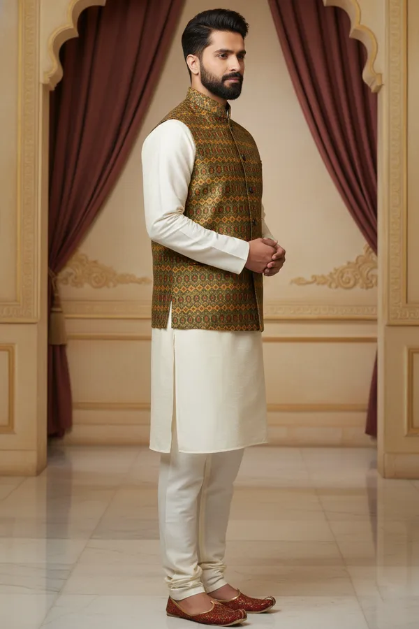 Olive_Premium_Pattern_Jacquard_Silk_Nehru_Jacket_Kurta_Pajama_Set_For_Men