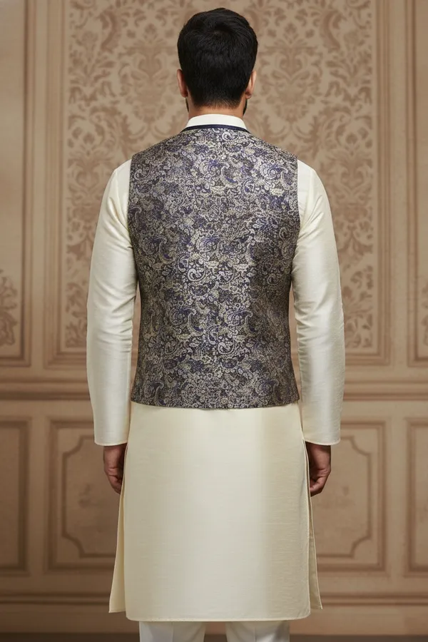 Blue_Premium_Pattern_Poly_Silk_Nehru_Jacket_Kurta_Pajama_Set_For_Men