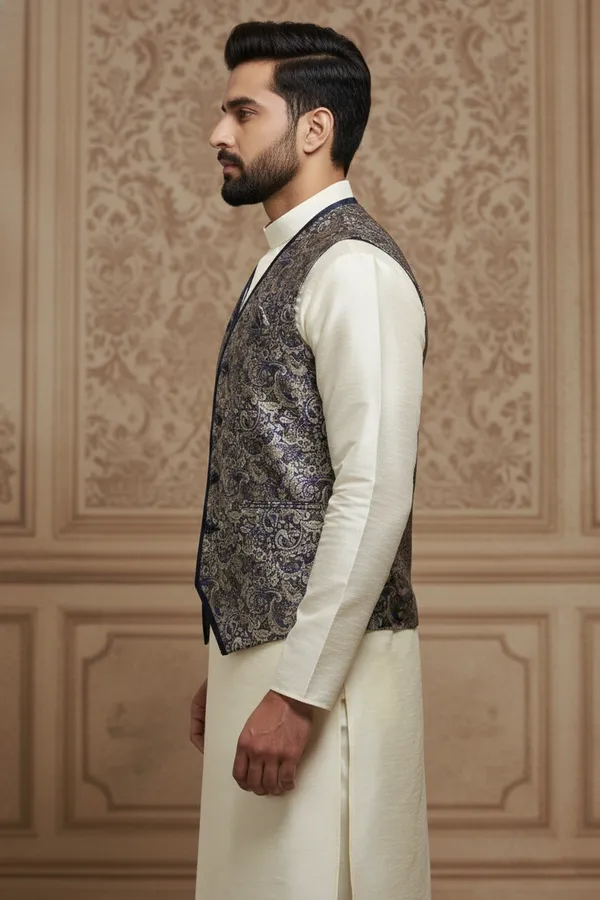 Blue_Premium_Pattern_Poly_Silk_Nehru_Jacket_Kurta_Pajama_Set_For_Men