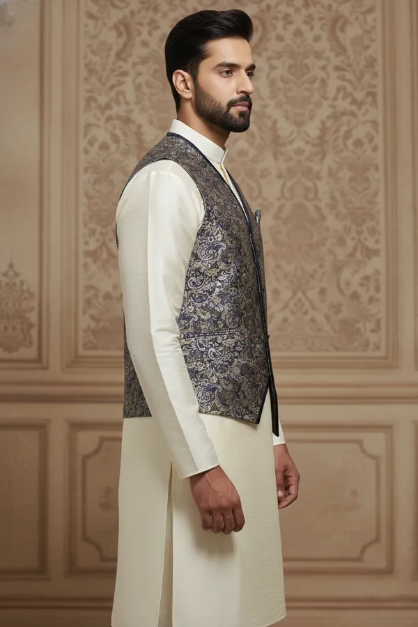 Blue_Premium_Pattern_Poly_Silk_Nehru_Jacket_Kurta_Pajama_Set_For_Men