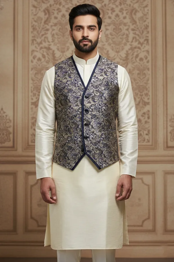 Blue_Premium_Pattern_Poly_Silk_Nehru_Jacket_Kurta_Pajama_Set_For_Men