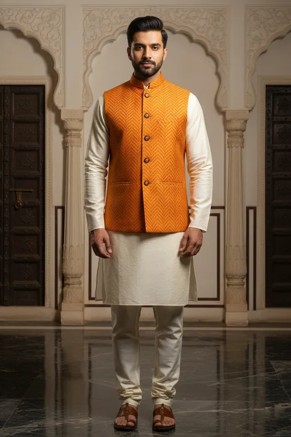 Orange_Premium_Pattern_Poly_Silk_Nehru_Jacket_Kurta_Pajama_Set_For_Men