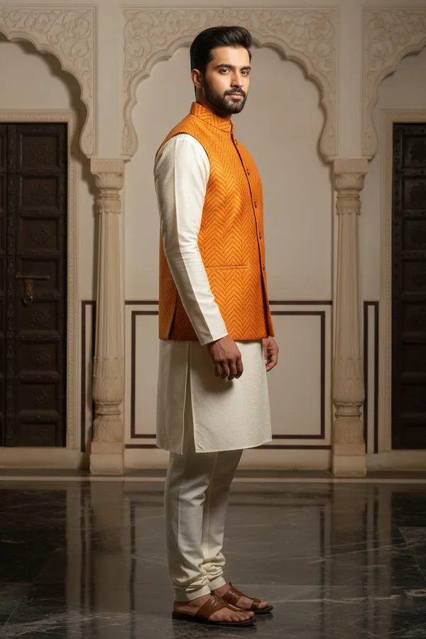 Orange_Premium_Pattern_Poly_Silk_Nehru_Jacket_Kurta_Pajama_Set_For_Men